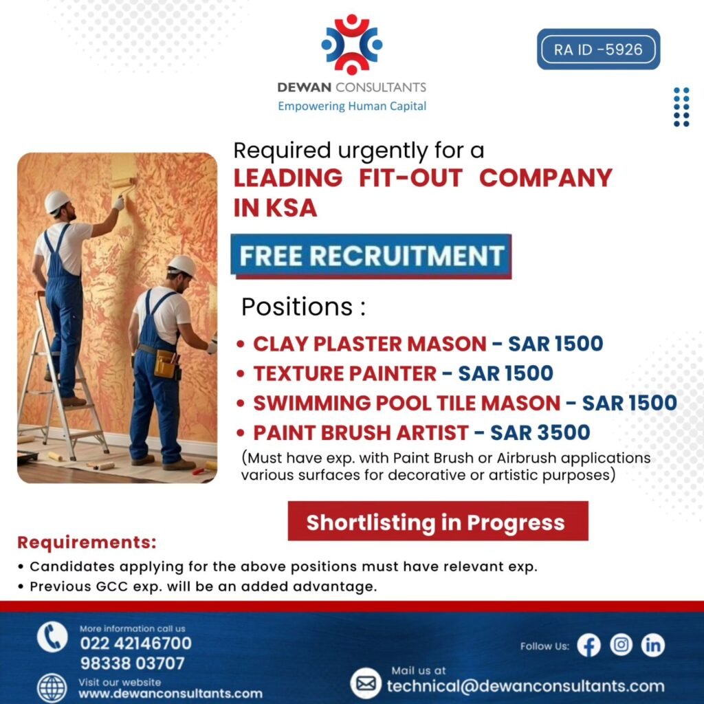 Saudi Arabia Jobs : Required Urgently For A Leading Fit-out Company