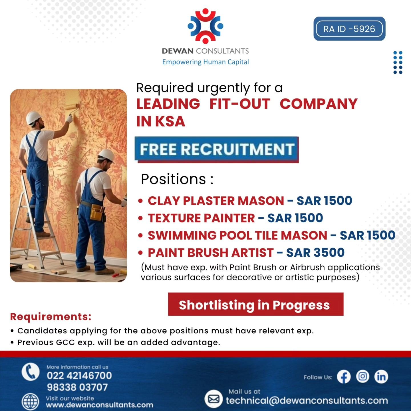 Saudi Arabia Jobs : Required Urgently For A Leading Fit-out Company