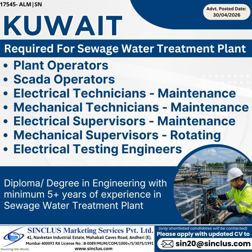 Job opportunities in KUWAIT for Sewage Water Treatment Plant 