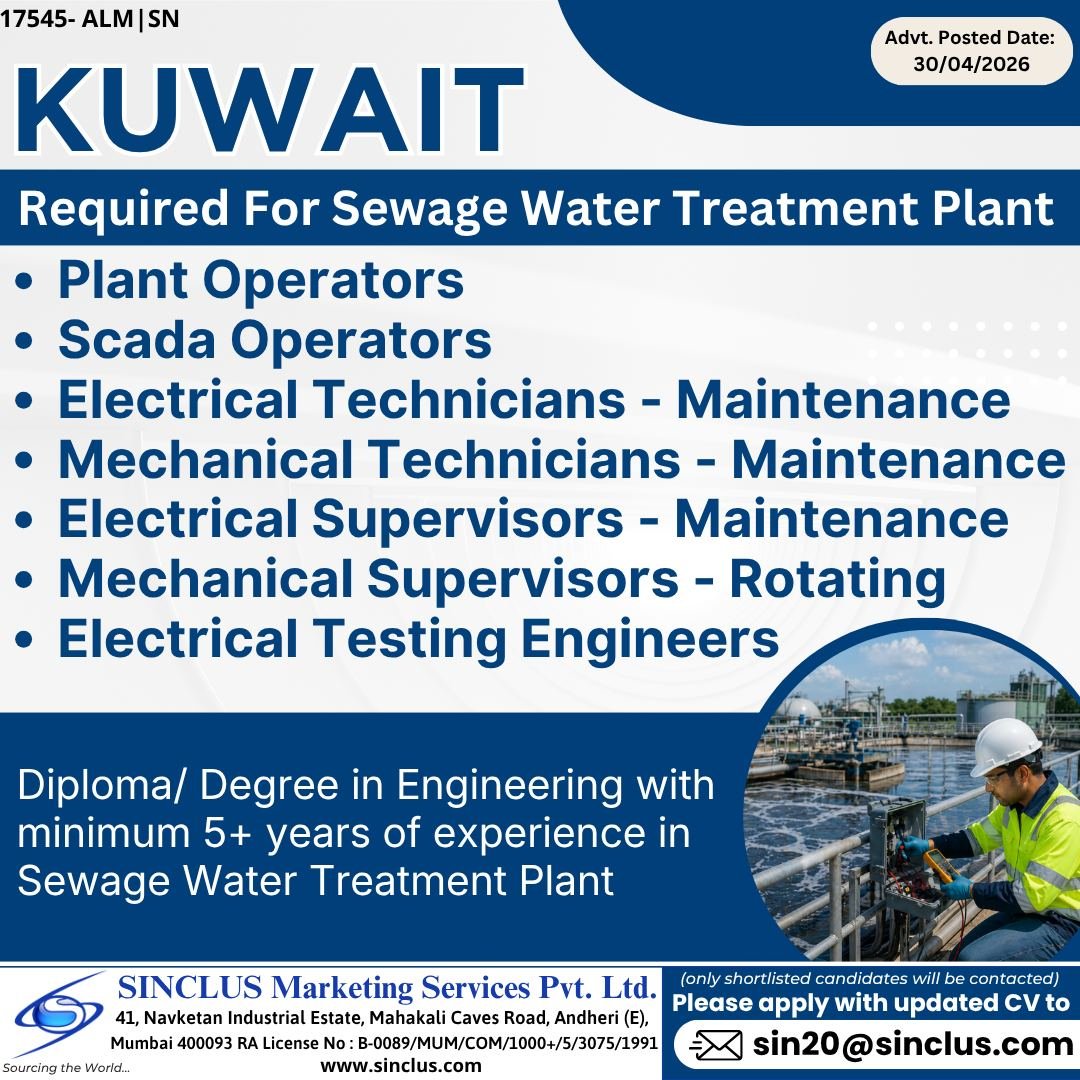 Job opportunities in KUWAIT for Sewage Water Treatment Plant 