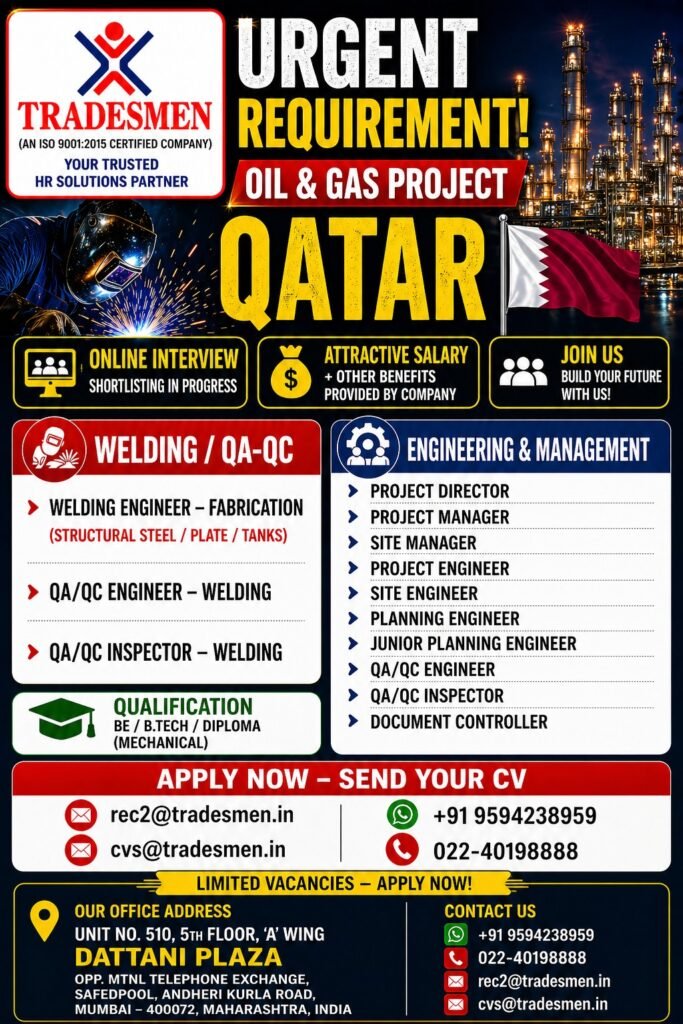 Urgent Oil & Gas Jobs in Qatar 2026 – Welding, QA/QC & Engineering Vacancies | Apply Online