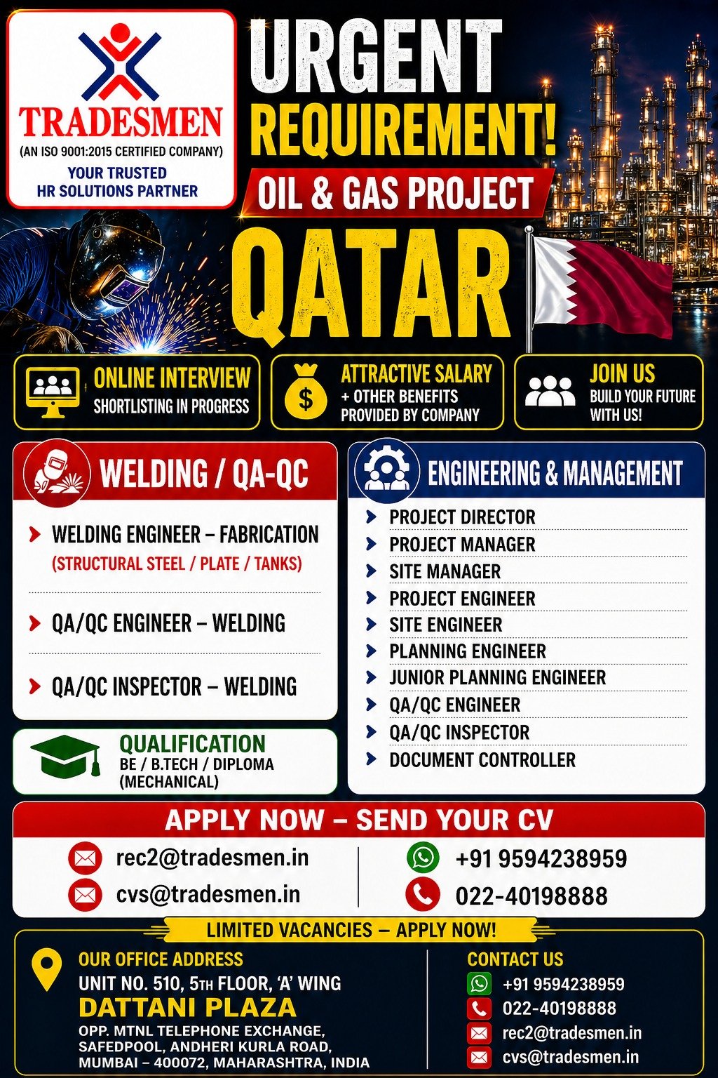 Urgent Oil & Gas Jobs in Qatar 2026 – Welding, QA/QC & Engineering Vacancies | Apply Online