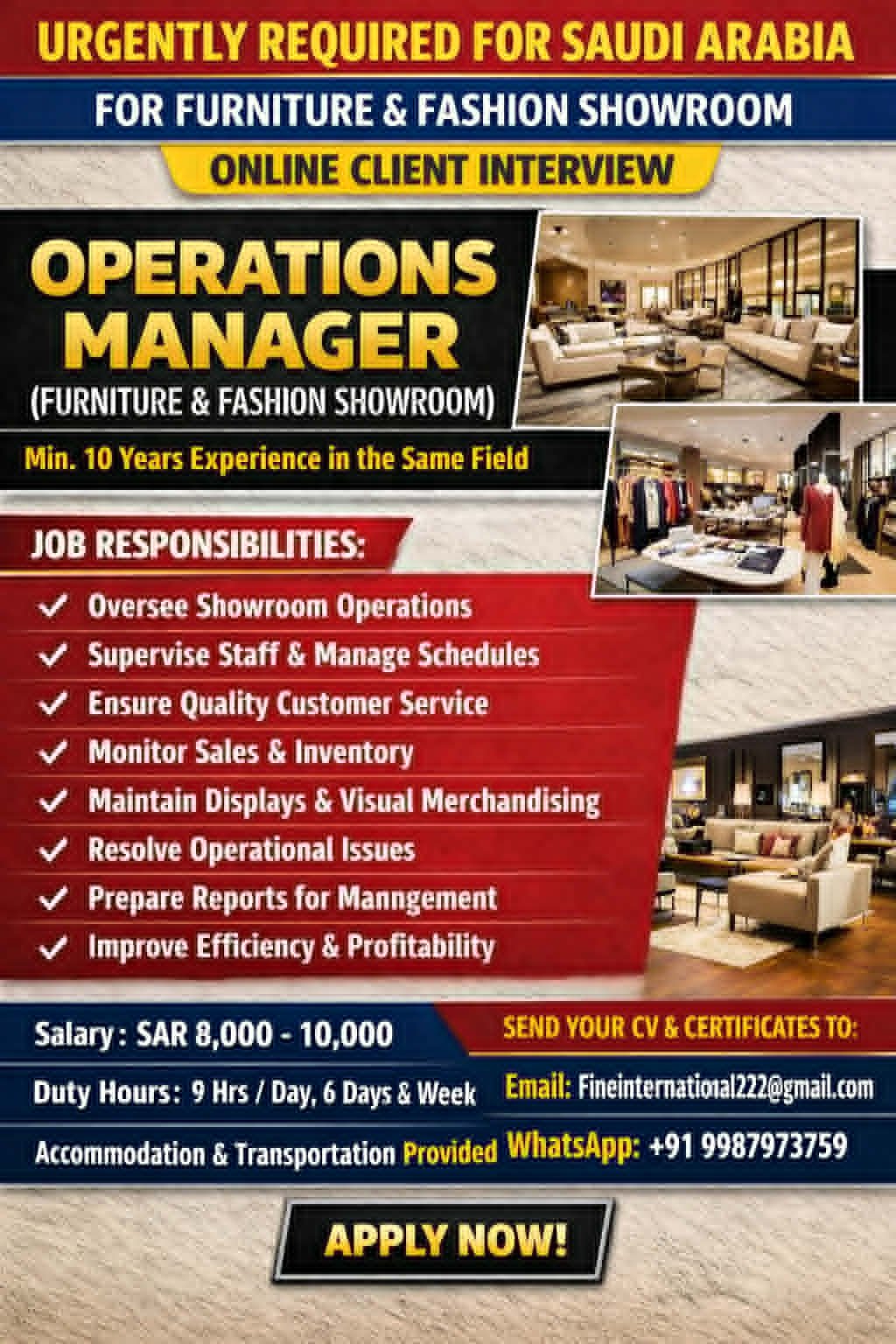 Saudi Arabia Jobs 2026 – Operations Manager Hiring for Furniture & Fashion Showroom