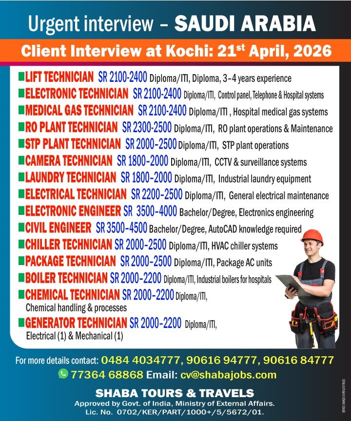 Urgent Hiring for Saudi Arabia – Technician & Engineer Jobs