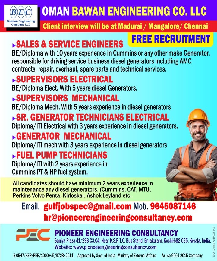 Oman Bahwan Engineering Jobs – Generator & Engineering Roles | Free Recruitment | Apply Now
