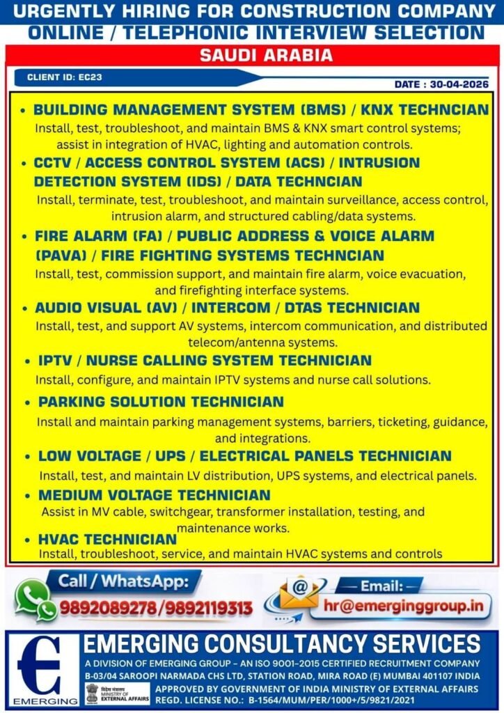 Saudi Arabia Jobs 2026: Urgent Hiring for A leading construction company