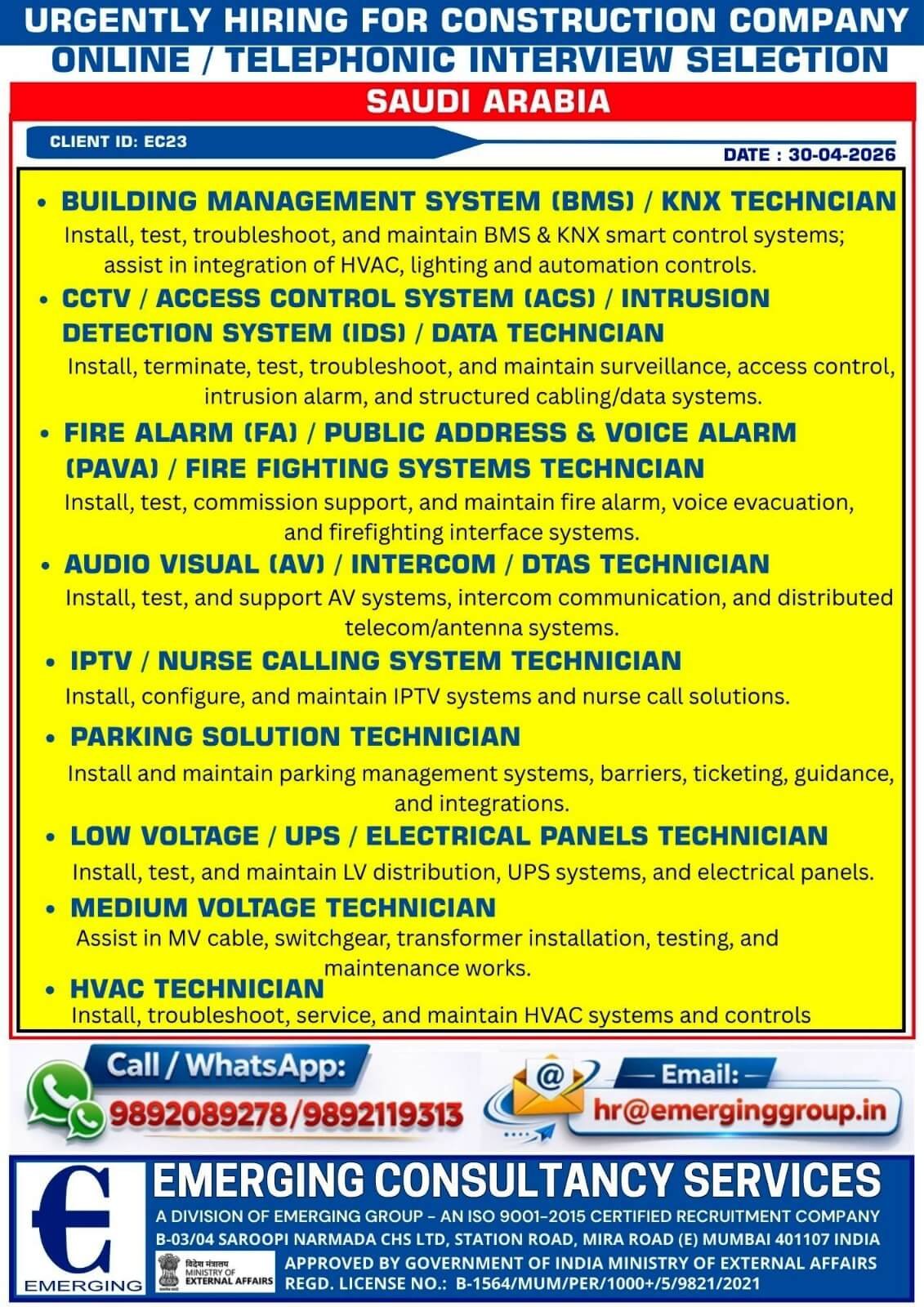 Saudi Arabia Jobs 2026: Urgent Hiring for A leading construction company