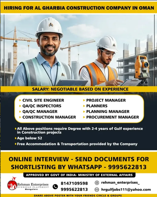 Oman Construction Jobs 2026 – Al Gharbia Company Hiring Now