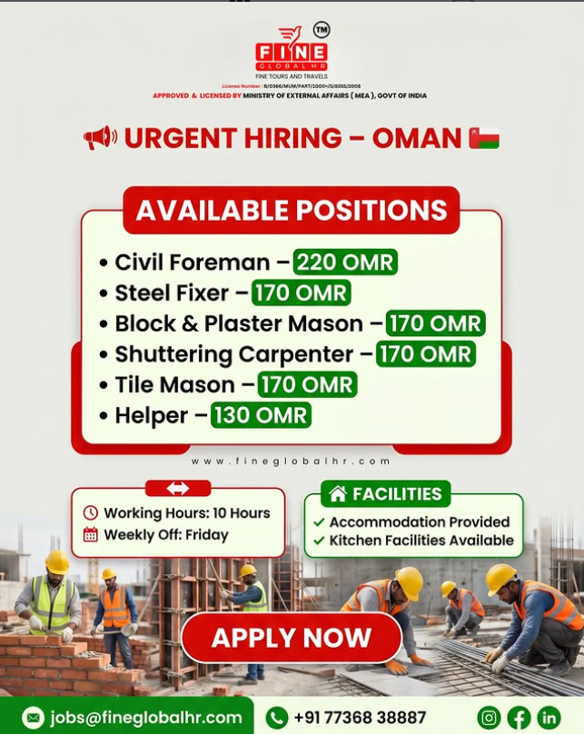 Urgent Hiring For Oman - Apply Now