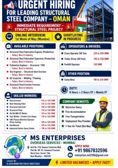 Oman Structural Steel Jobs 2026 – Engineers, Operators & Skilled Workers Hiring | Online Interview