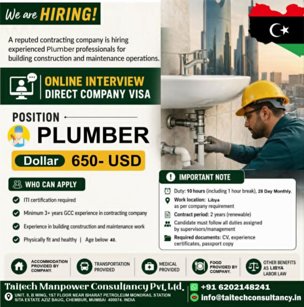 Urgent Plumber Jobs in Libya – Apply Online for Direct Company Visa (Free Recruitment Opportunity)