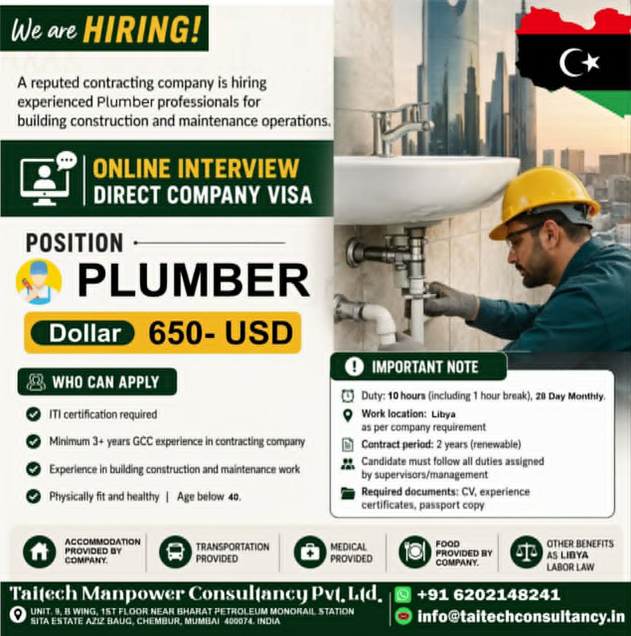 Urgent Plumber Jobs in Libya – Apply Online for Direct Company Visa (Free Recruitment Opportunity)