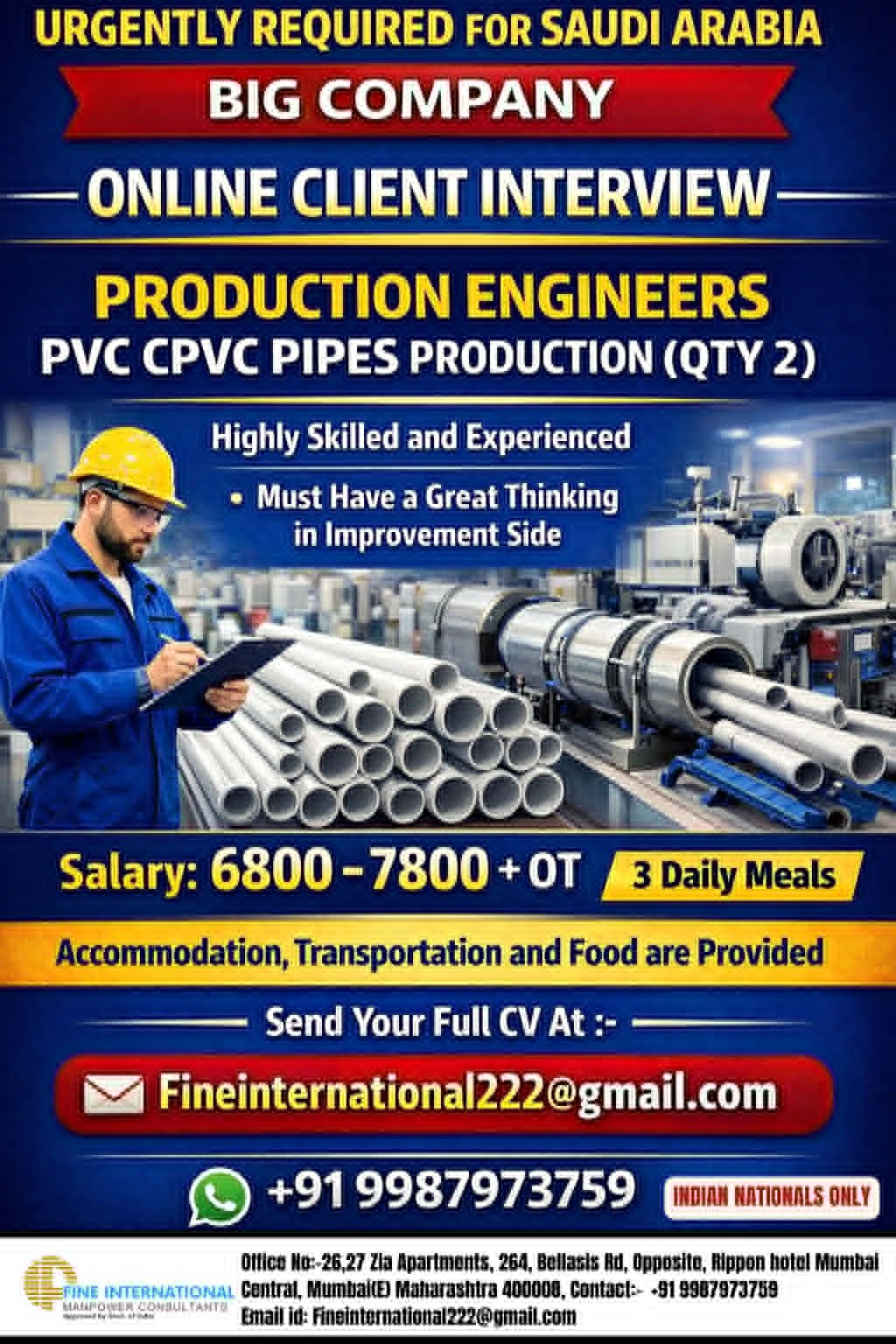 Saudi Arabia Jobs 2026 – Production Engineers (PVC/CPVC Pipes) Hiring | Apply Now