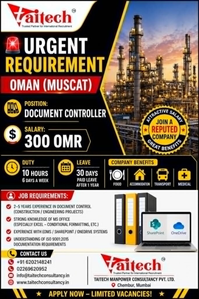 Document Controller Jobs in Oman (Muscat) – 300 OMR Salary | Apply Now
