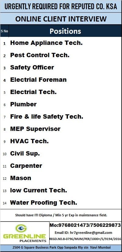 Urgent Jobs in Saudi Arabia (KSA) – Online Client Interview | Multiple Technician Vacancies