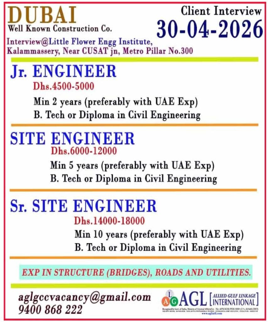 Dubai Construction Jobs 2026 – Hiring Jr Engineer, Site Engineer & Sr Site Engineer | Client Interview 30 April