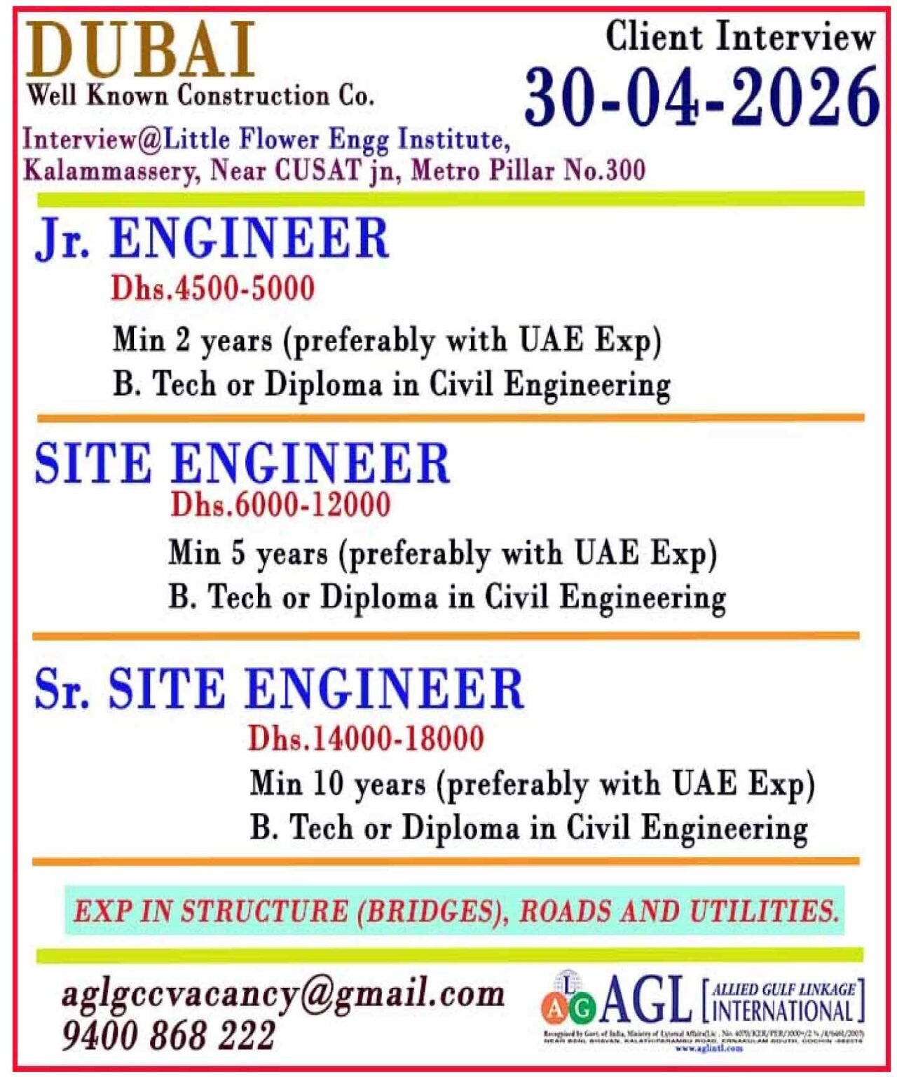 Dubai Construction Jobs 2026 – Hiring Jr Engineer, Site Engineer & Sr Site Engineer | Client Interview 30 April