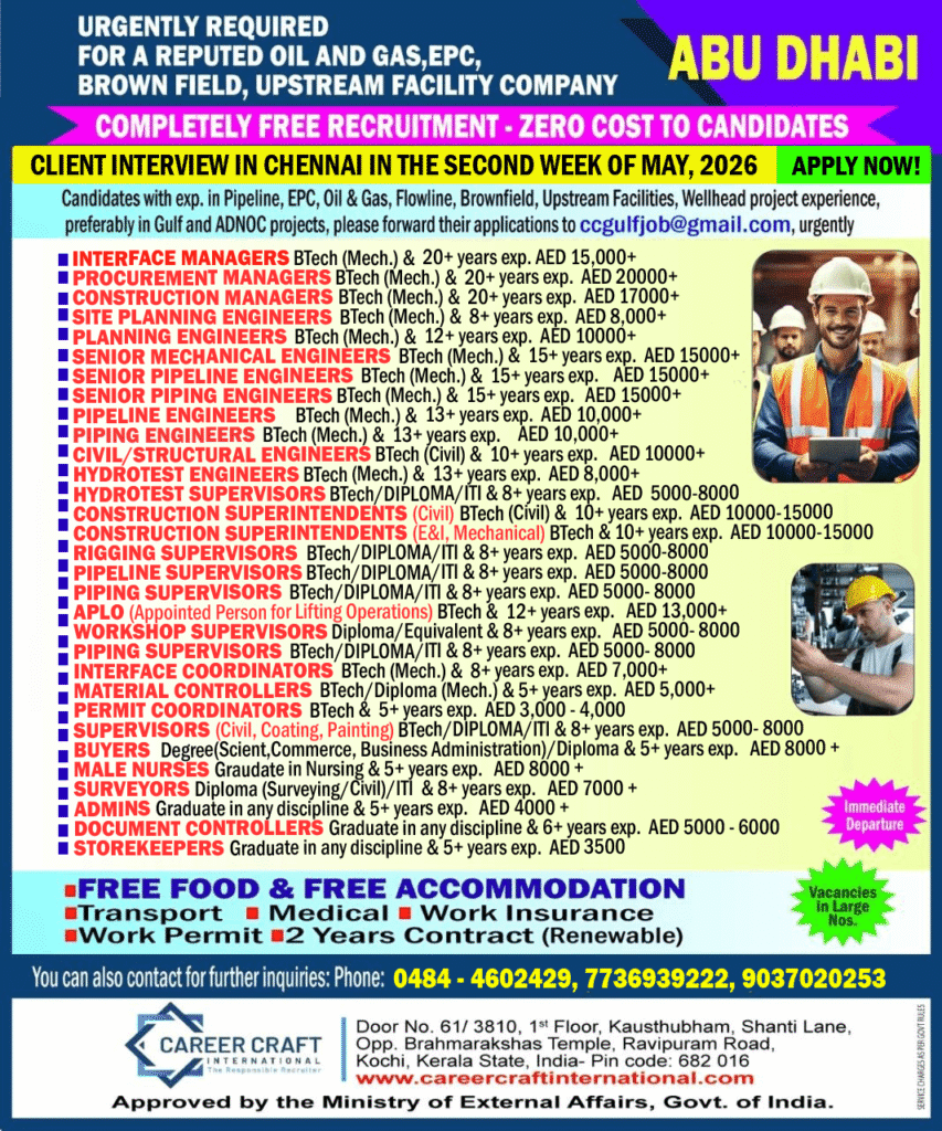 UAE Jobs 2026 – Free Recruitment For A reputed Oil & Gas, EPC, Brownfield, and Upstream Facility company