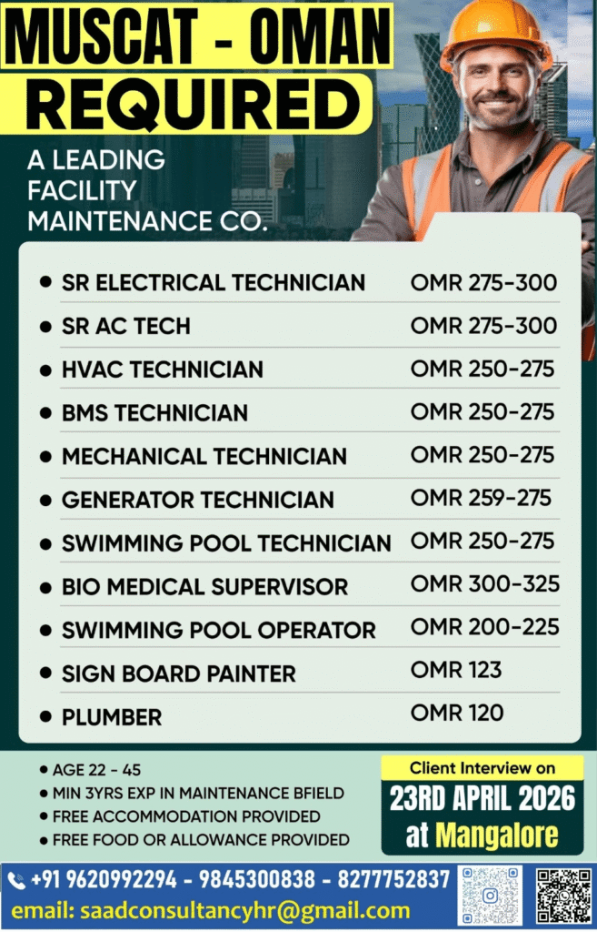 Muscat Oman Jobs 2026 – Facility Maintenance Hiring with Free Accommodation | Apply Now
