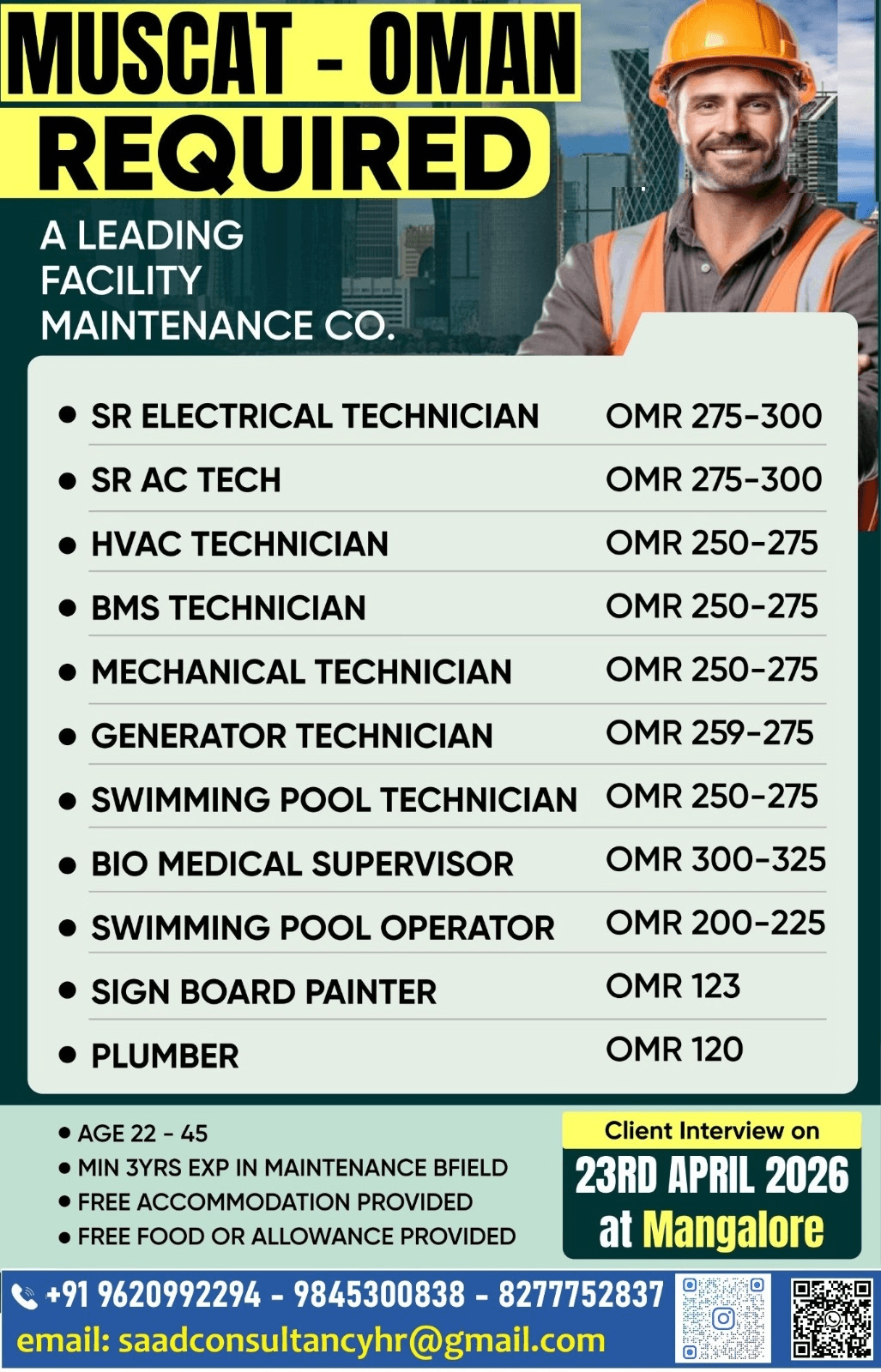 Muscat Oman Jobs 2026 – Facility Maintenance Hiring with Free Accommodation | Apply Now