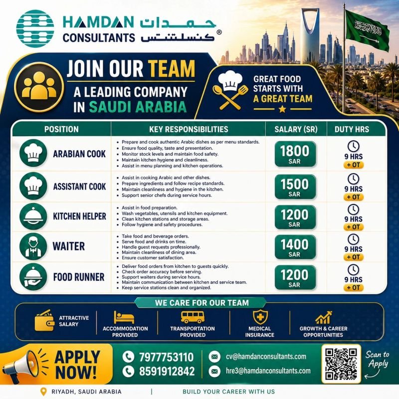 hiring for a Leading company in Saudi Arabia Reputed Restaurant