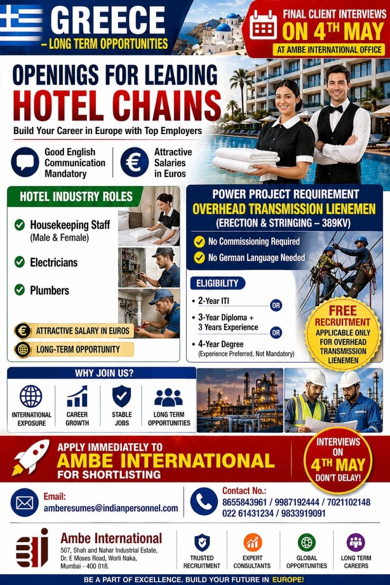 Career Opportunities in Greece - Top hotel chains and power projects are hiring 
