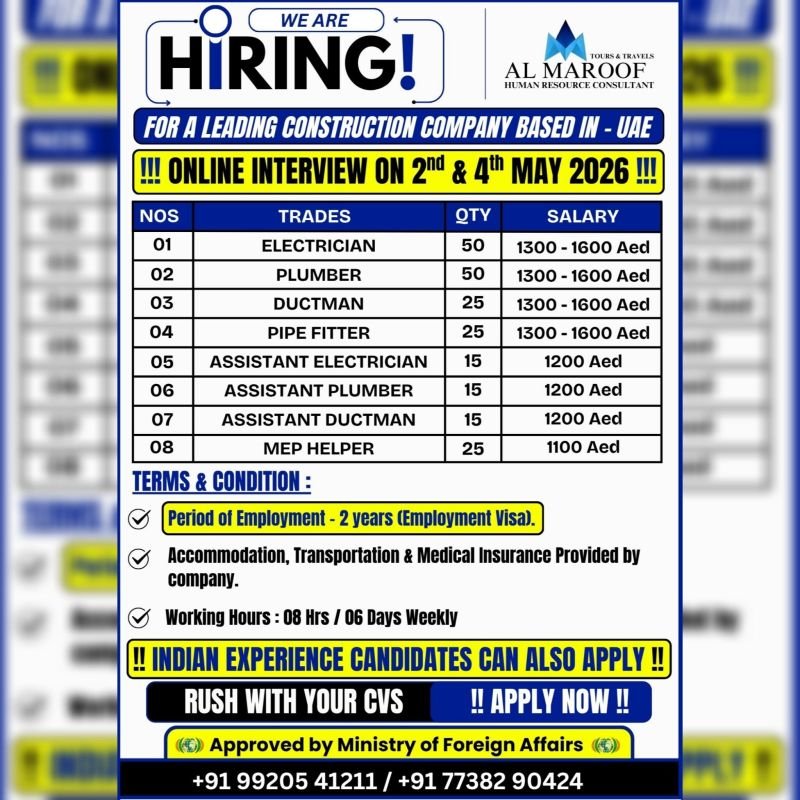 Urgent Construction Jobs in UAE – Online Interview on 2nd & 4th May 2026