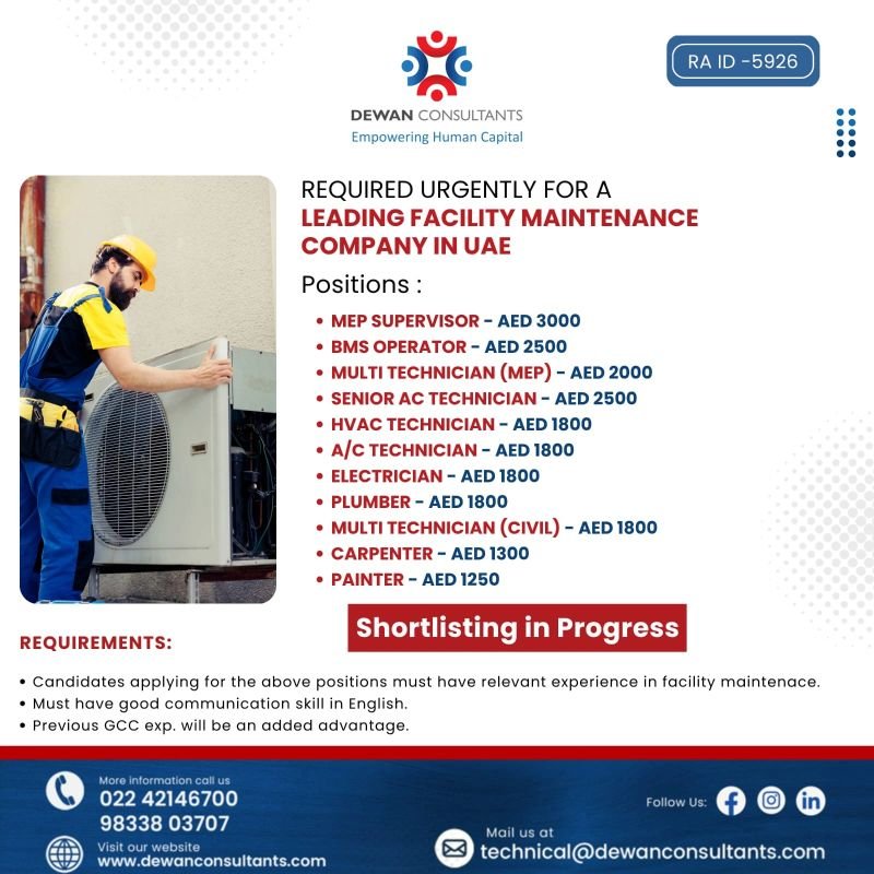 UAE Facility Maintenance Jobs 2026 - Hiring for Multiple Positions