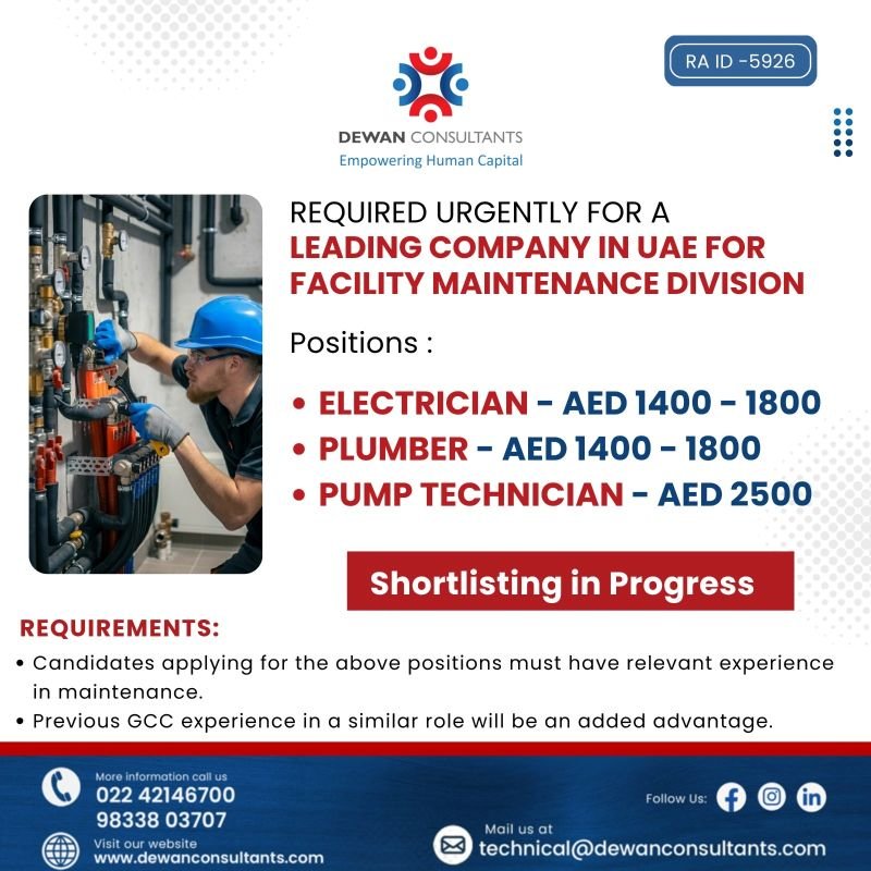 Hiring Urgently For A Leading Company In UAE For Facility Maintenance Division