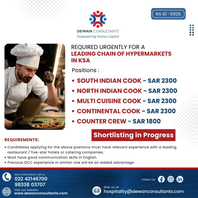 Required Urgently For A Leading Chain Of Hypermarkets In Saudi Arabia