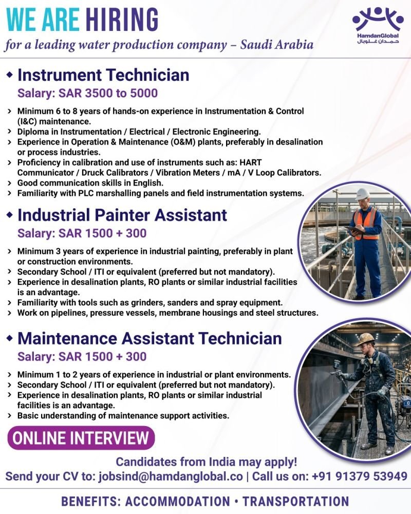 hiring for a leading water production company - Saudi Arabia