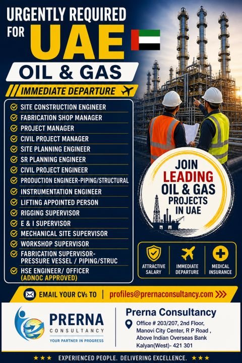 UAE Oil & Gas Jobs 2026 – Immediate Hiring for Engineers & Supervisors | Apply Now