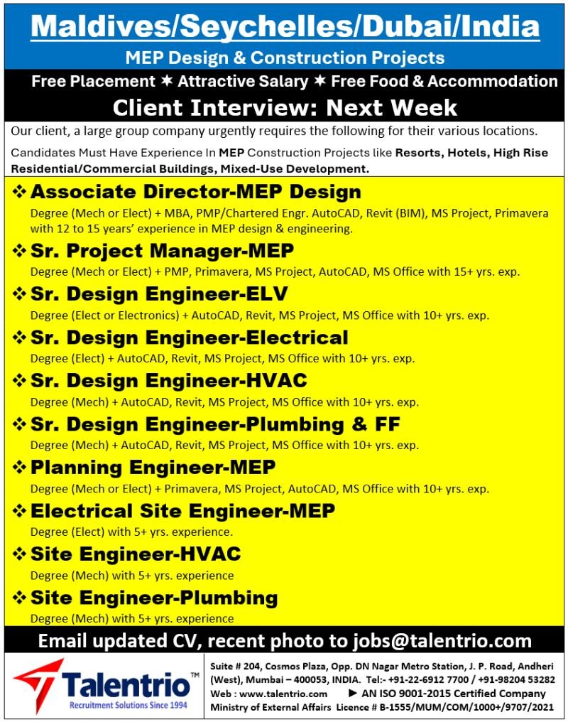 MEP Jobs 2026 – Maldives, Seychelles, Dubai & India | Design & Construction Careers