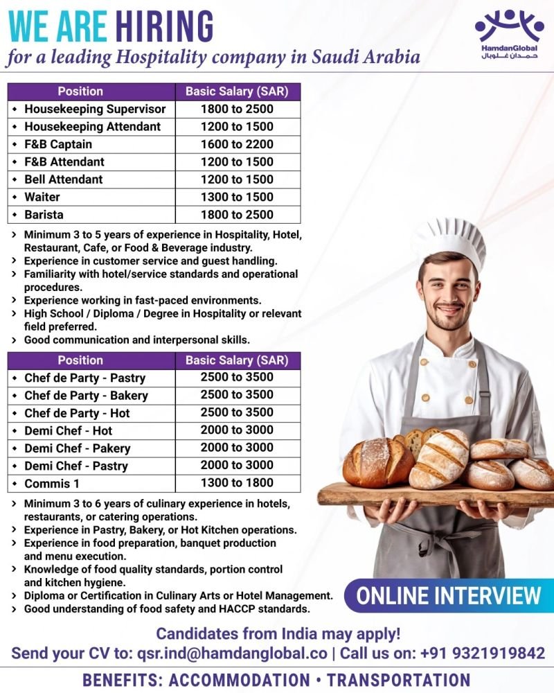 hiring for a leading Hospitality company in Saudi Arabia