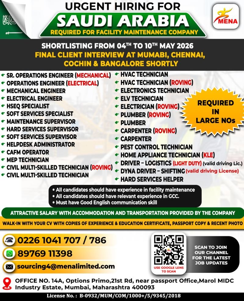 Urgent Hiring For Saudi Arabia - Facility Maintenance Company