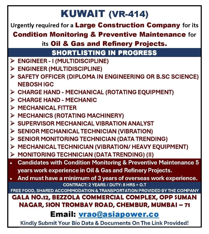 Kuwait Oil & Gas Jobs 2026 – Condition Monitoring & Maintenance Roles | Apply No