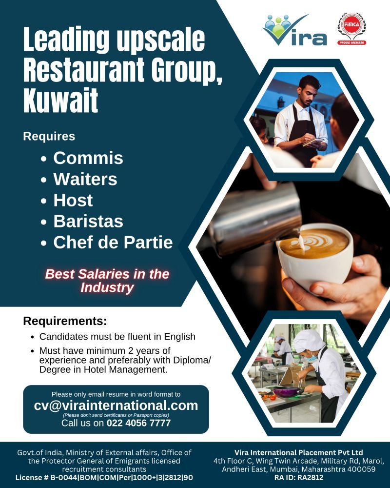 Hiring For a Leading Upscale Restaurant Group in Kuwait