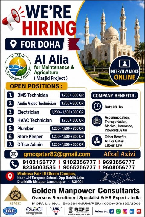 Doha Qatar Jobs 2026: Al Alia Maintenance & Agriculture Hiring | Online Interview