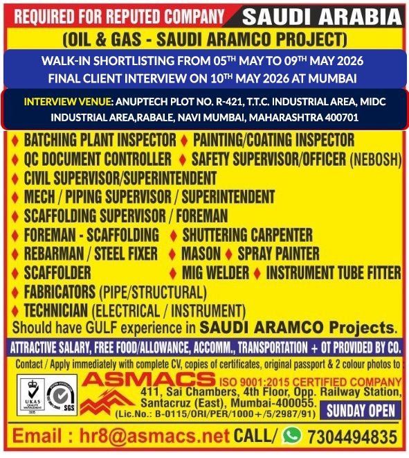 Urgent: Saudi Aramco Oil & Gas Project Jobs in Saudi Arabia