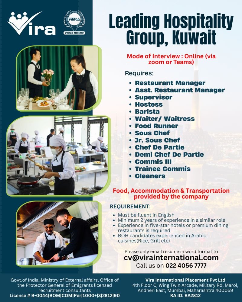 Hiring For A leading hospitality group in Kuwait