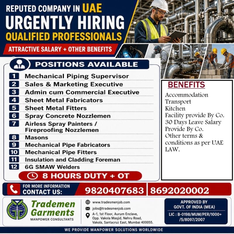 UAE Jobs 2026 – Urgently Hiring Qualified Professionals for Reputed Company