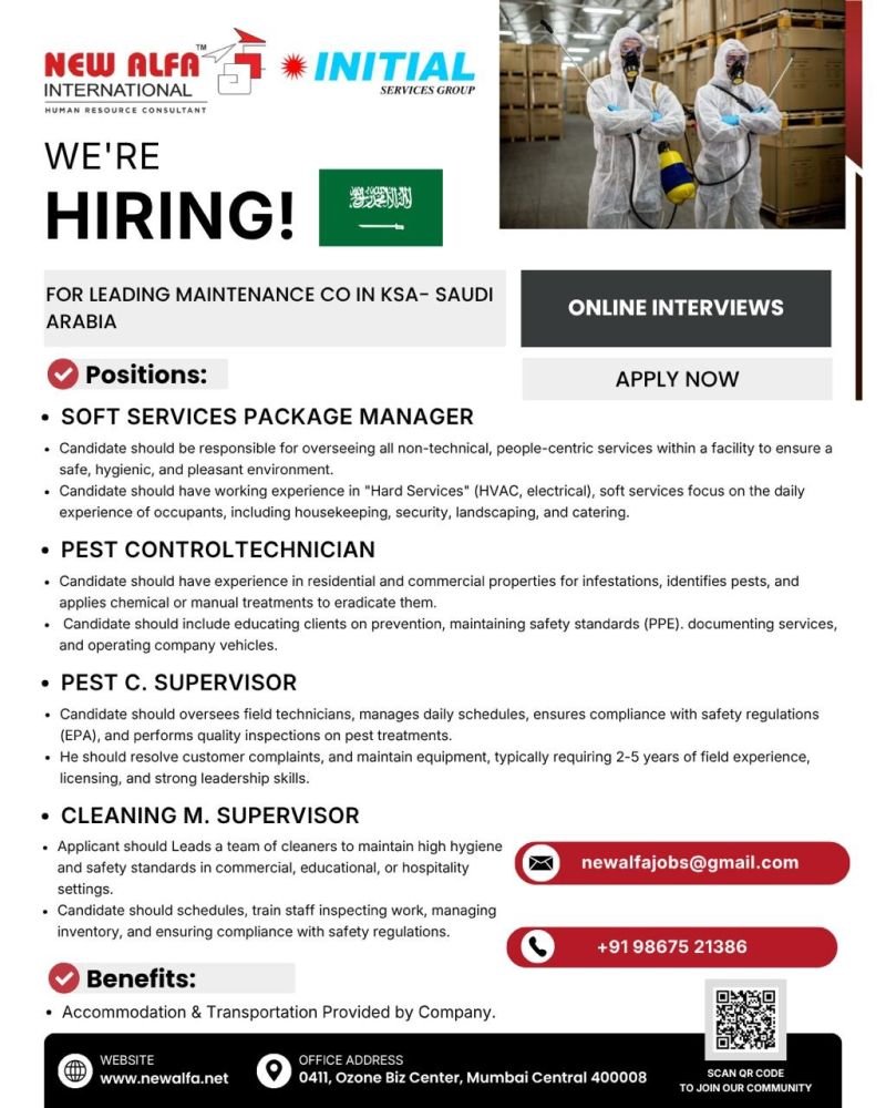 Saudi Arabia Maintenance Company Jobs 2026 – Hiring Managers, Pest Control Technicians & Supervisors