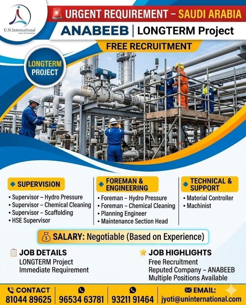 Saudi Arabia Jobs 2026: ANABEEB Long-Term Project Hiring | Free Recruitment for Supervisors, Engineers & Technicians