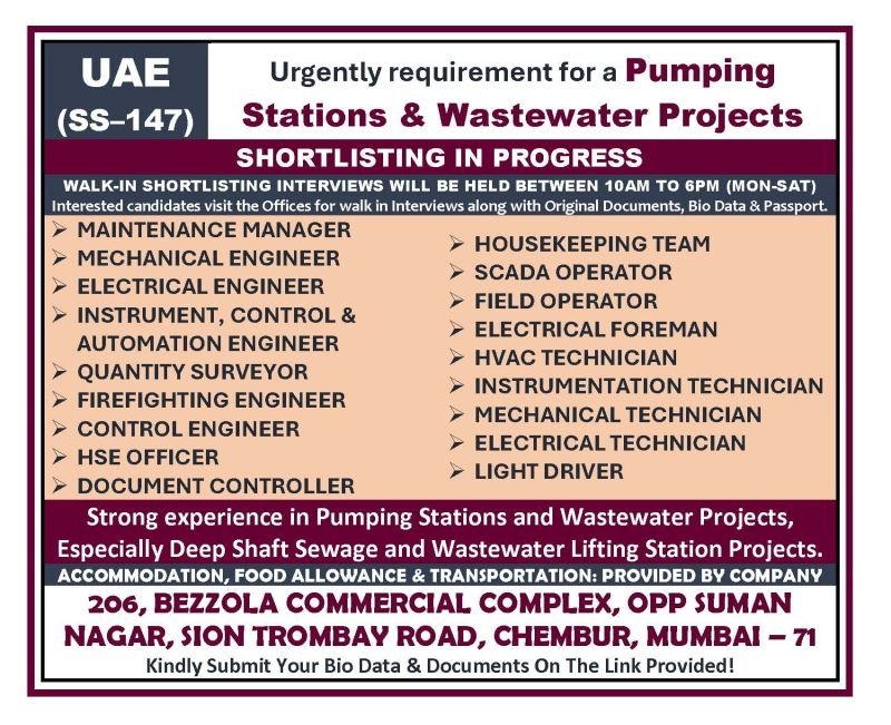 UAE Jobs 2026: Pumping Stations & Wastewater Project Hiring | Engineers, Technicians & Operators