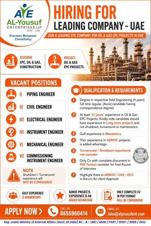 UAE Oil & Gas EPC Jobs 2026 – Hiring Engineers for Leading Company in UAE