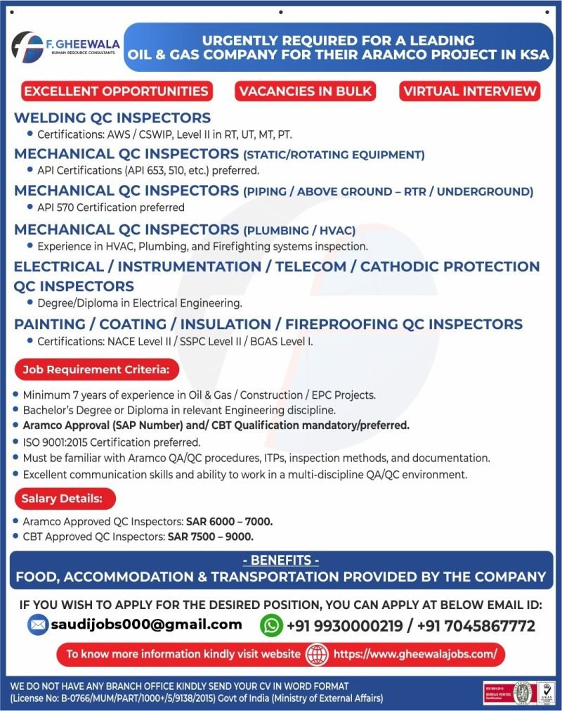 Multiple Job Openings for an Aramco Project in Saudi Arabia