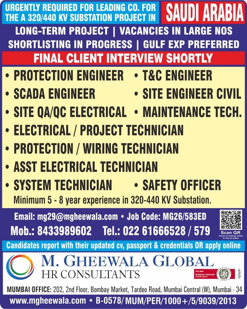 Saudi Arabia : Urgent requirement for Jal International For their 320/440 KV Substation 