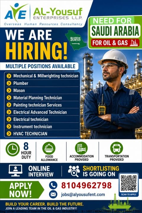 hiring experienced candidates for a leading Oil & Gas project in Saudi Arabia.