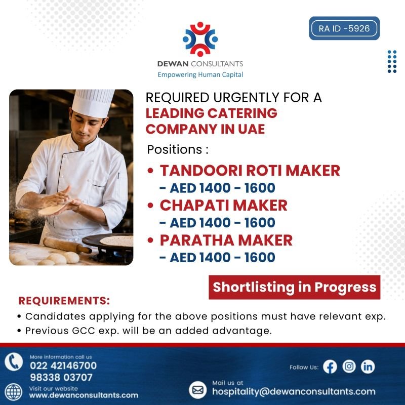 Required Urgently For A Leading Catering Company In UAE