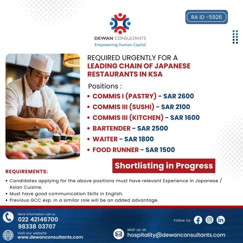 Saudi Arabia : Required Urgently For A Leading Chain Of Japanese Restaurants 